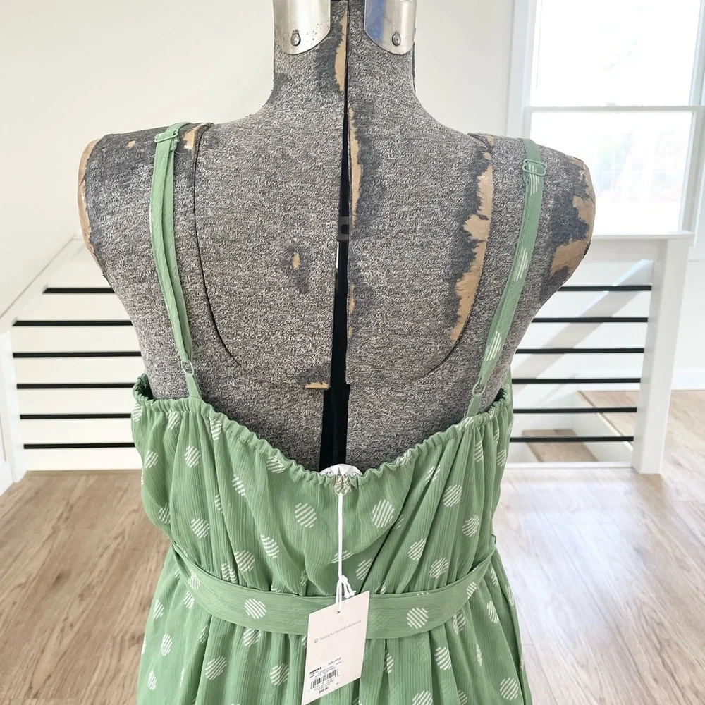 NWT XS L LC Lauren Conrad, white and mint green polkadot, midi high low dress - Picture 6 of 10